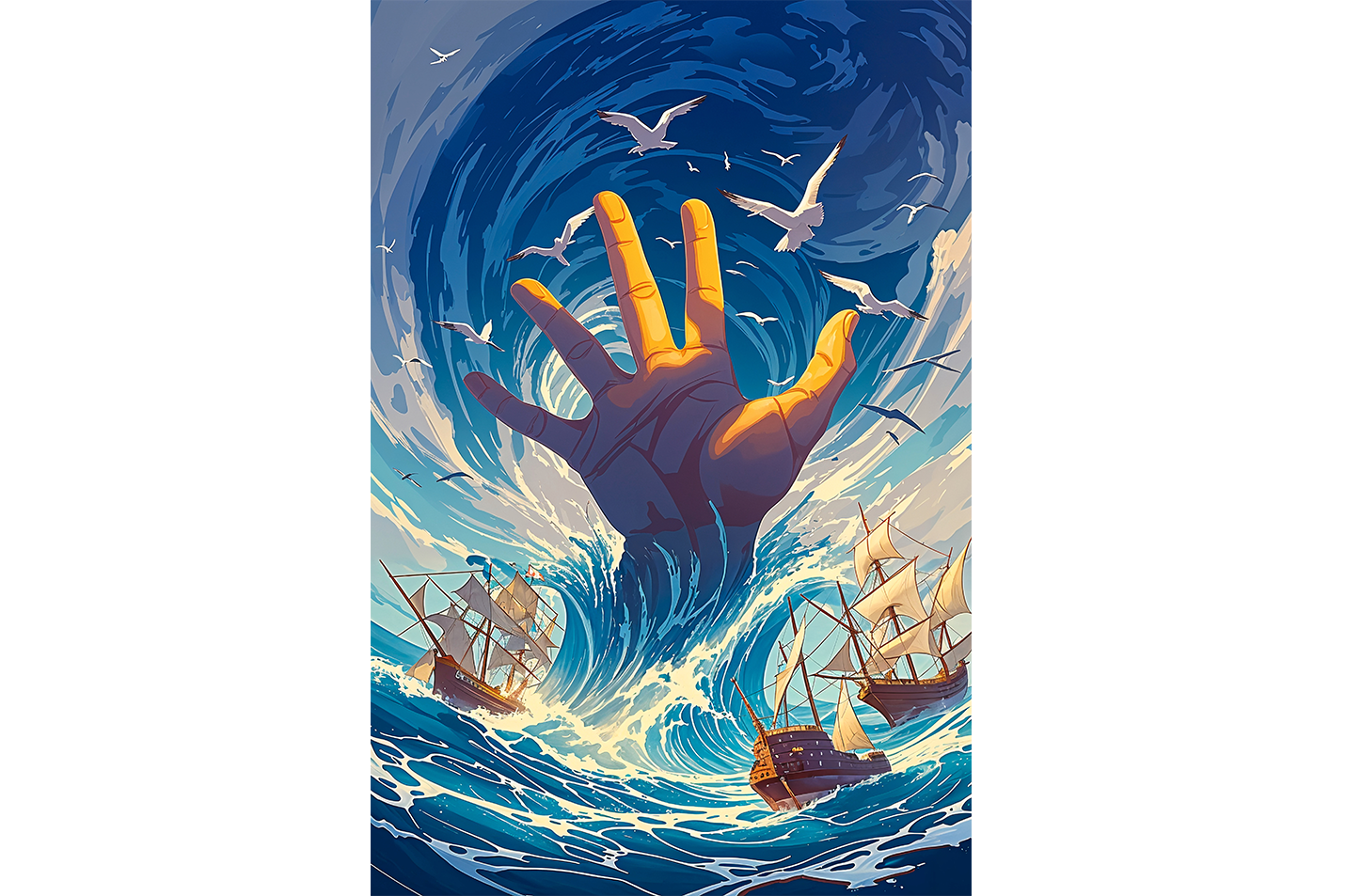ai creation, a giant glowing golden hand rising from a turbulent sea of ships, ai art, art, kanvas tablo