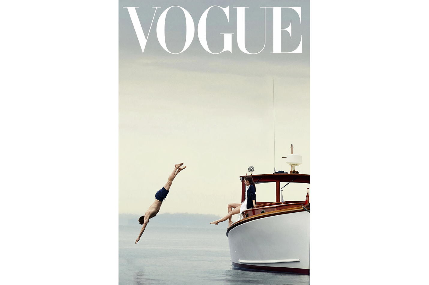 a vogue cover of a man diving off a classic boat as a woman watches, art, kanvas tablo
