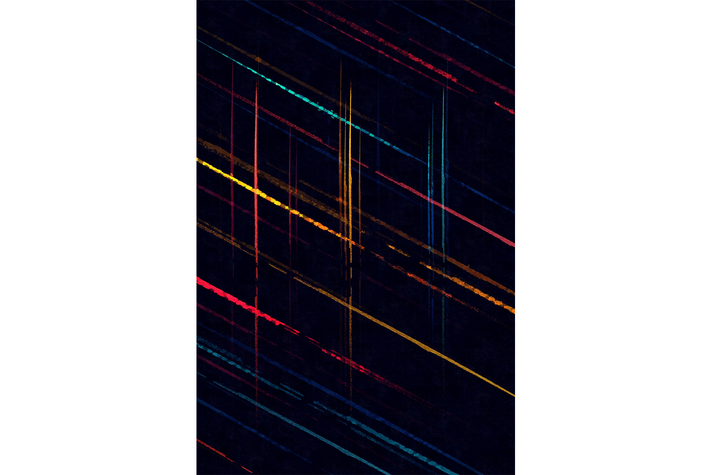 a dark abstract background with thin, colorful, diagonal lines streaking across the canvas, abstract, art, kanvas tablo