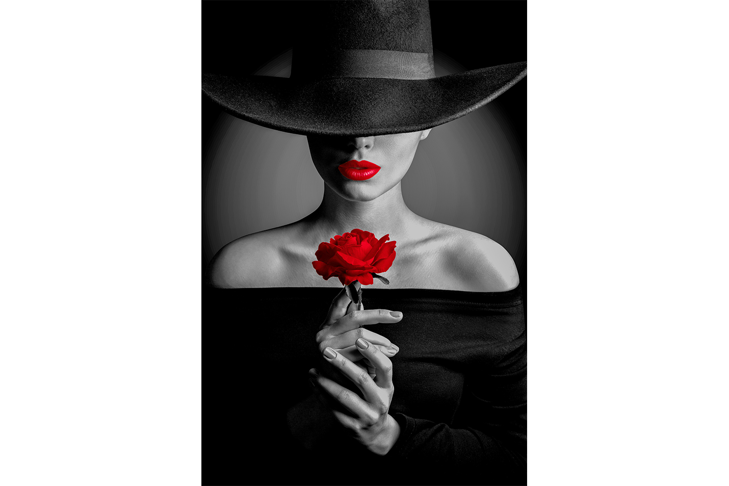 a black and white photo of a mysterious woman with a red rose and lips, art, kanvas tablo