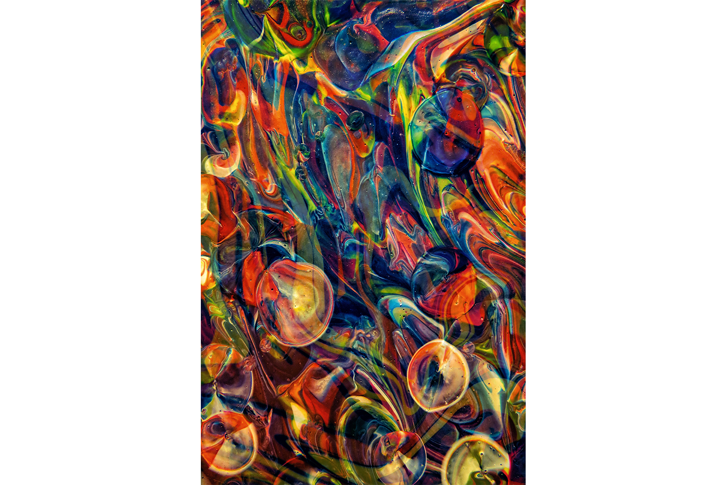 a vibrant and chaotic psychedelic abstract artwork with colorful swirls and bubble-like shapes, abstract, art, kanvas tablo