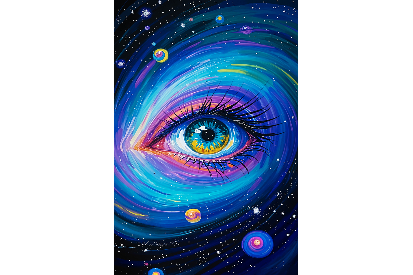 ai creation, a colorful eye in the middle of the planets, ai art, art, kanvas tablo