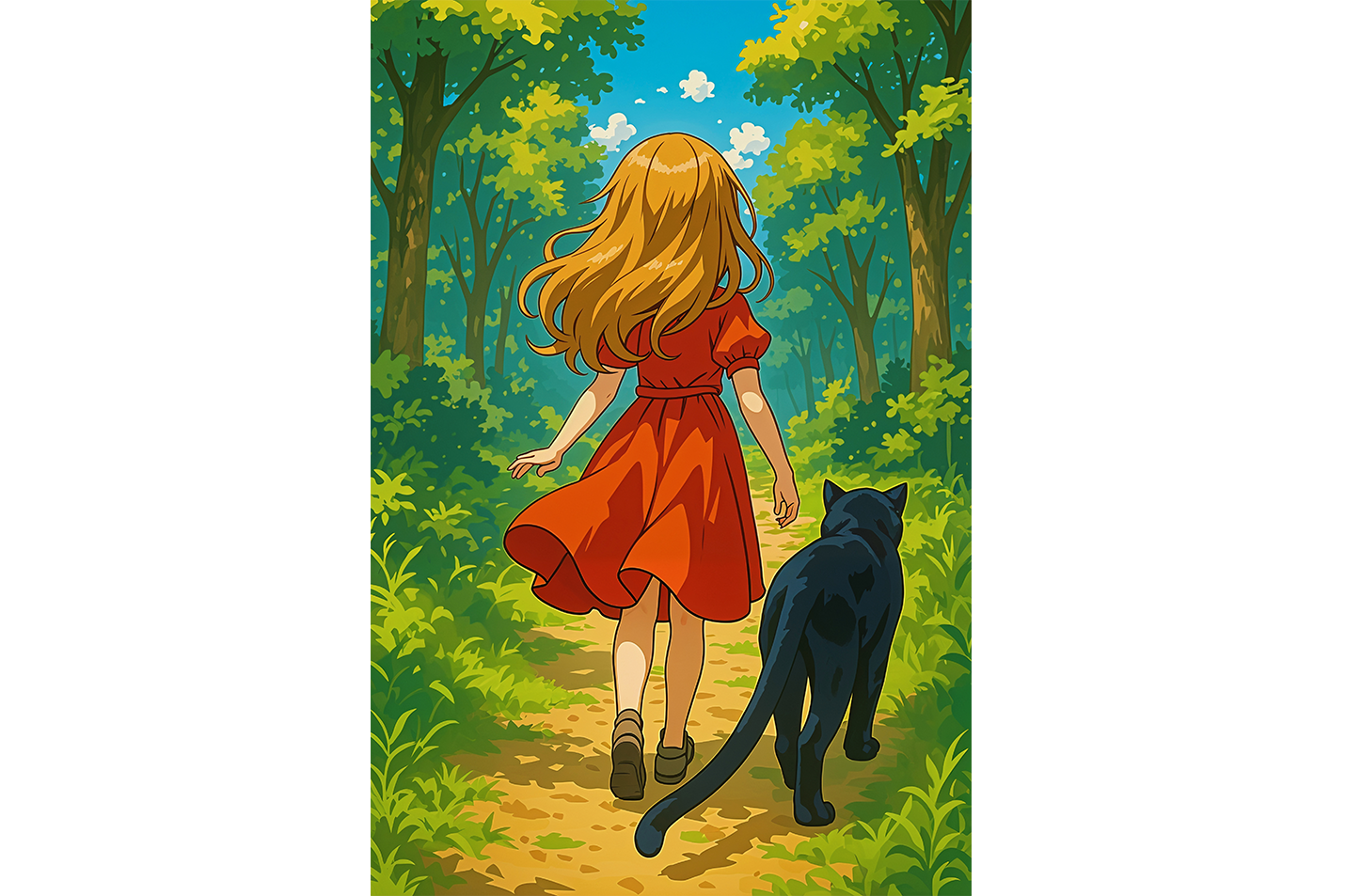 ai creation, woman in red and her cat in the forest, kid, ai art, art, kanvas tablo