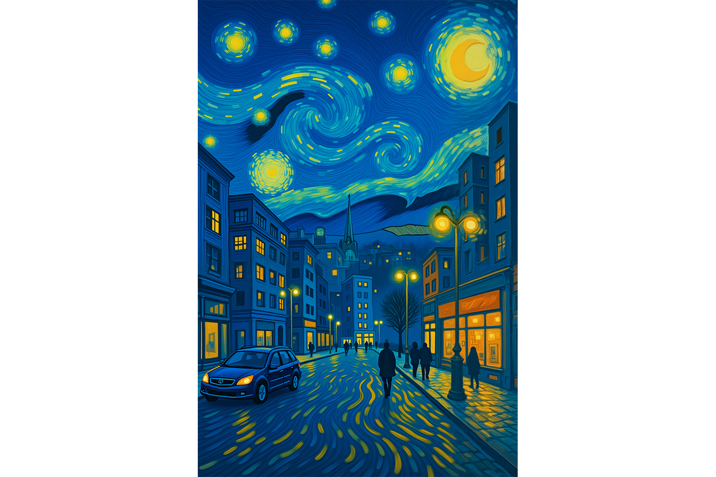 Modern Şehirde Yıldızlı Gece Van Gogh Tarzında Dışavurumcu Manzara Kanvas Tablo