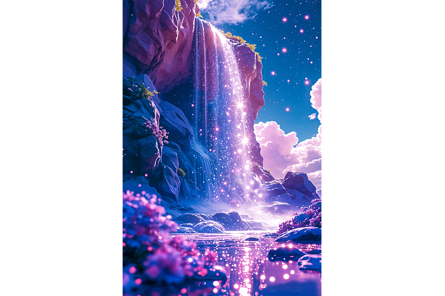 ai creation, purple waterfall with stars flowing, purple and its shades themed, ai art, art, kanvas tablo