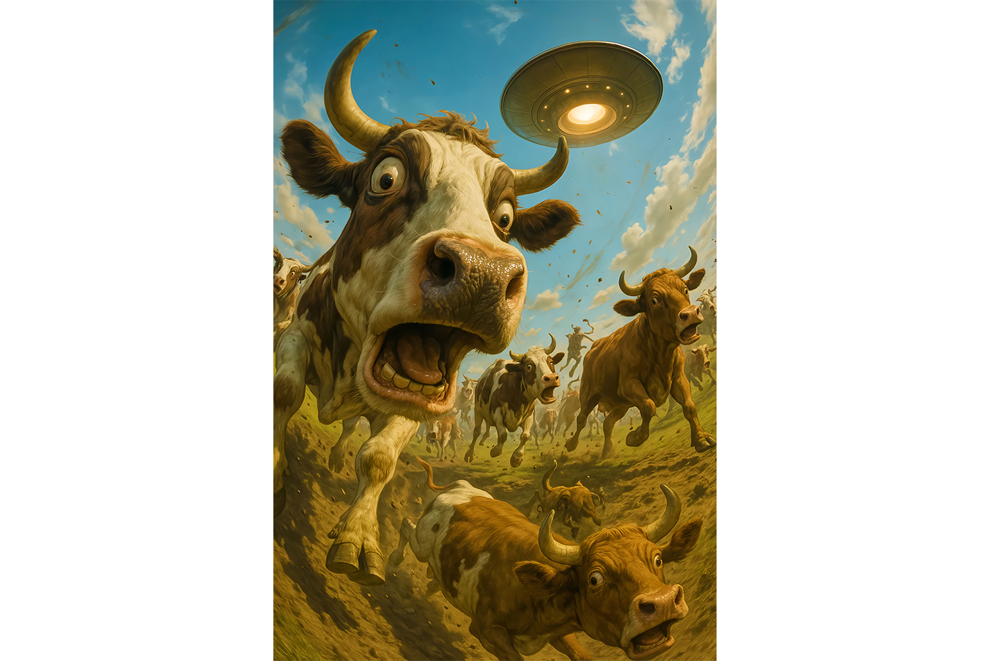 ai creation, cows escaping alien attack, ai art, art, kanvas tablo