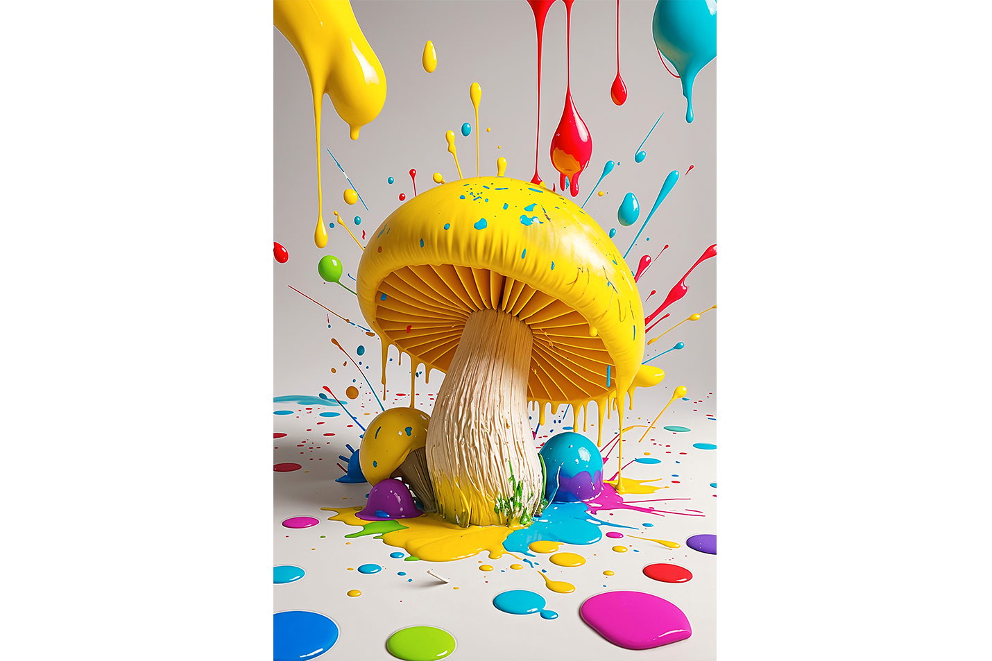 ai creation, giant yellow mushroom and large drops of paint falling from the air, ai art, art, kanvas tablo