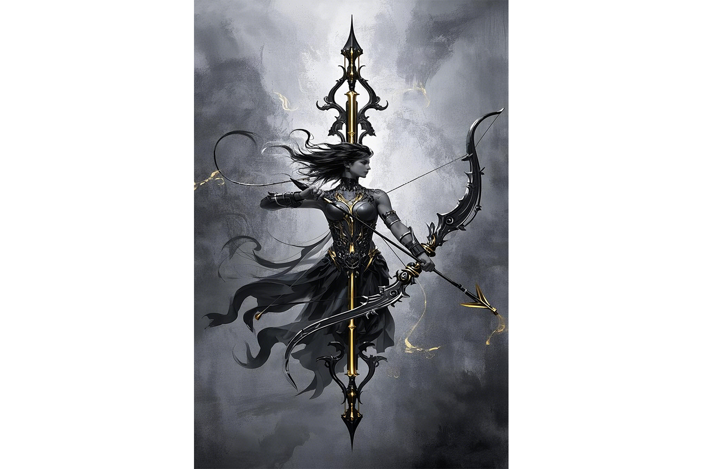 ai creation, a dark fantasy archer in ornate black and gold armor drawing a bow, ai art, art, kanvas tablo