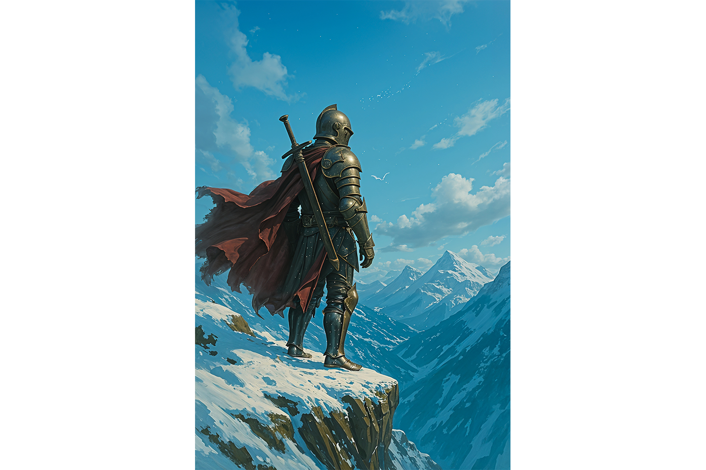 ai creation, warrior watching the mountains from the edge of the cliff, ai art, art, kanvas tablo
