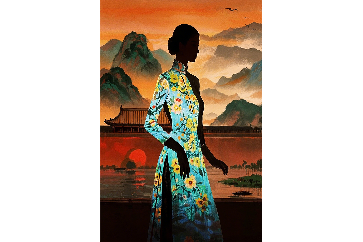 ai creation, asian flowers and asian women in the middle of sunset, ai art, art, kanvas tablo