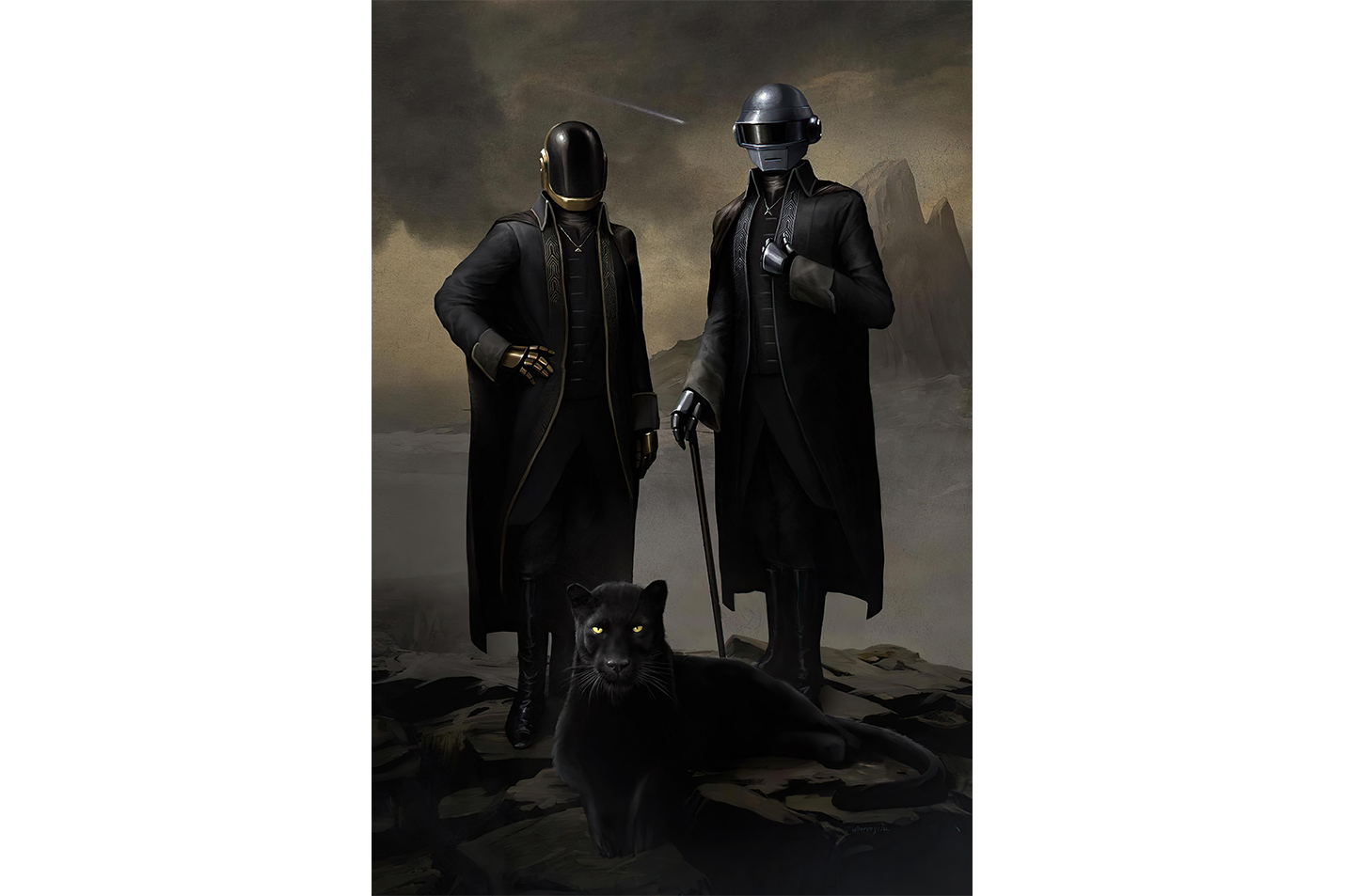 a classic, moody portrait of daft punk posing with a black panther, art, kanvas tablo