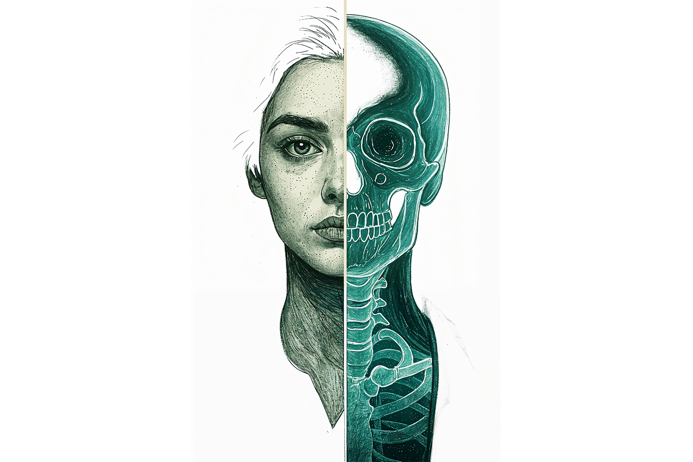 ai creation, split illustration of a woman's face showing the teal skeleton anatomy underneath, ai art, art, kanvas tablo