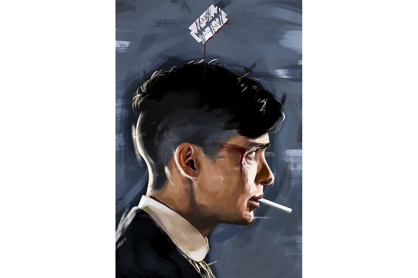 an intense painterly portrait of thomas shelby with a cigarette and bloody razor, art, kanvas tablo