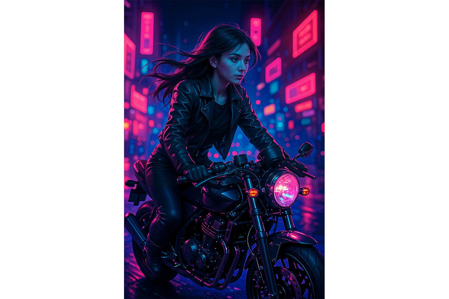 ai creation, Cyberpunk motorcycle girl, ai art, art, kanvas tablo