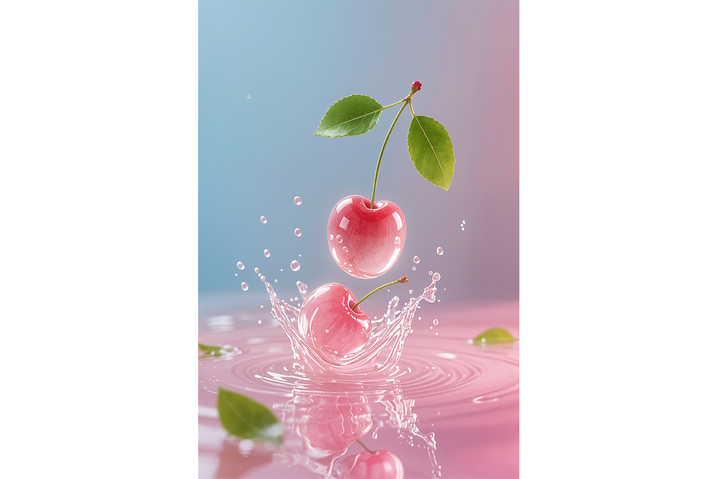 ai creation, cherry falling into water, the theme of pink tones, ai art, art, kanvas tablo