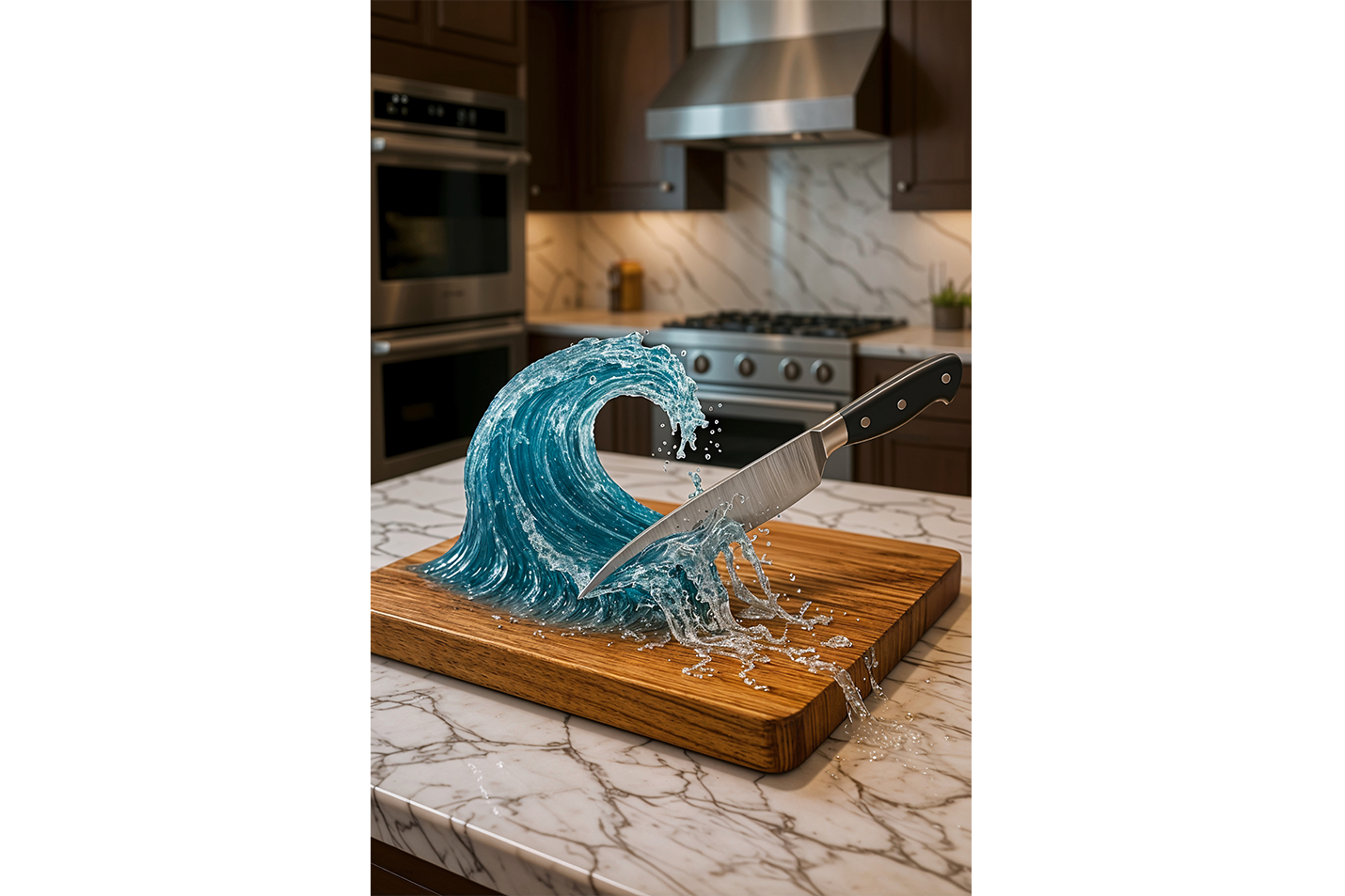 ai creation, a knife that cuts the water wave on the board on the kitchen counter, ai art, art, kanvas tablo