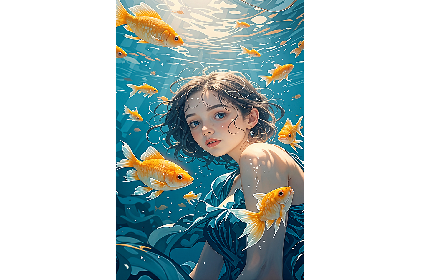 ai creation, girl swimming in the sea with goldfish, ai art, art, kanvas tablo