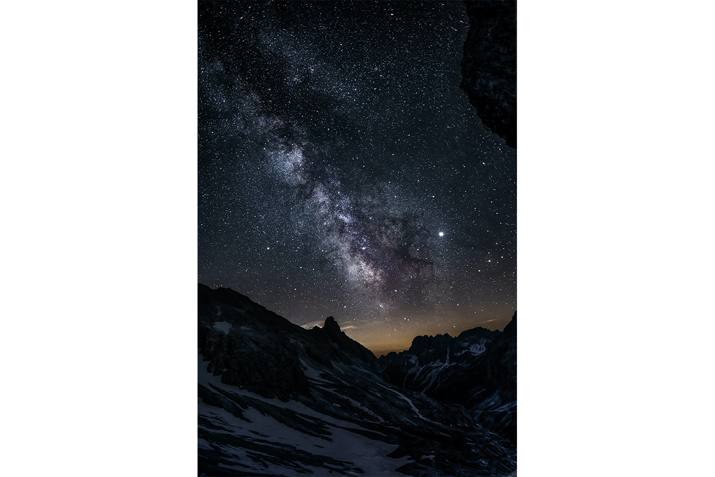 a stunning photograph of the milky way galaxy over a dark, snowy mountain range, abstract, art, kanvas tablo