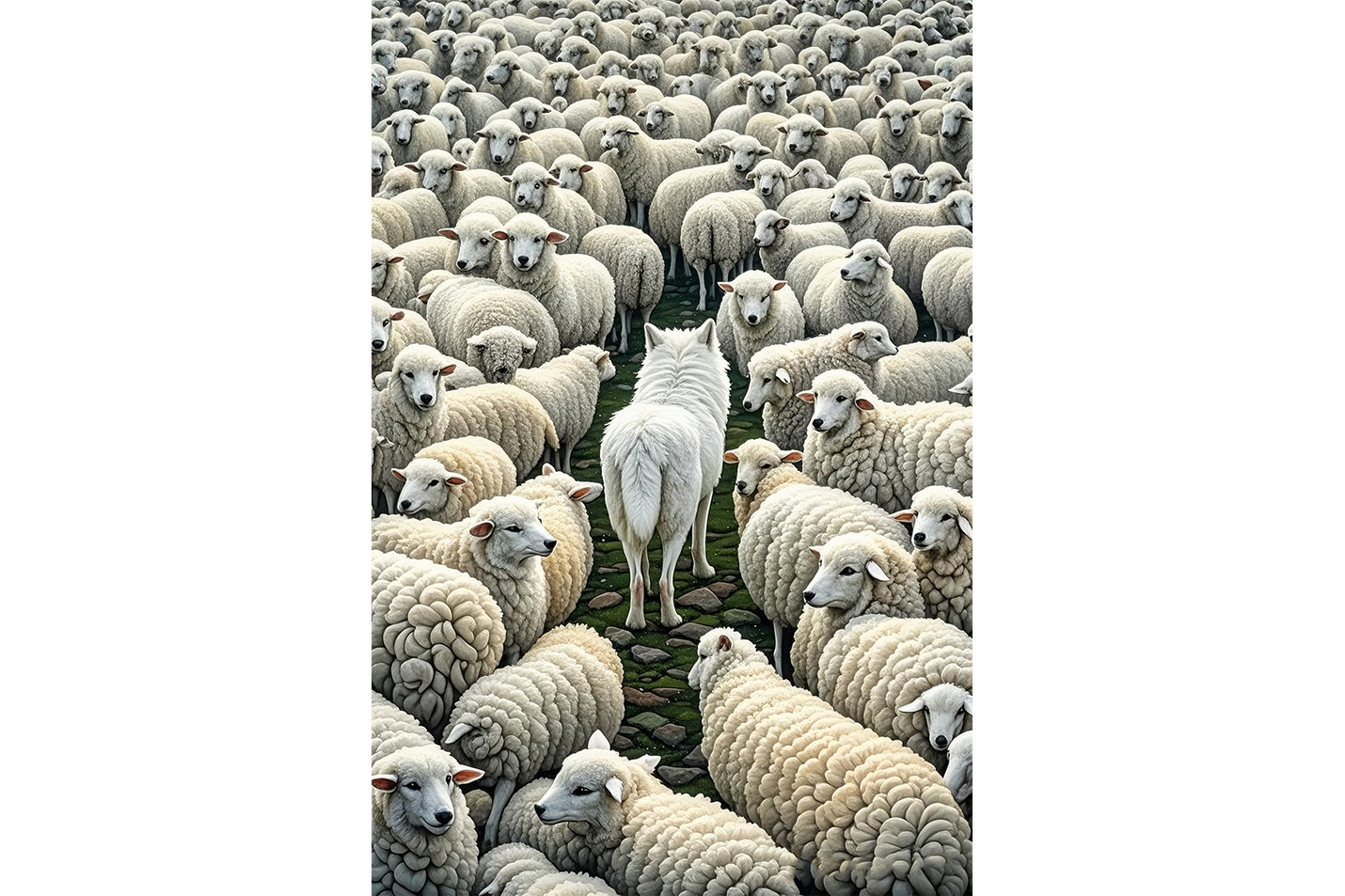 ai creation, the white wolf among the sheep, ai art, art, kanvas tablo