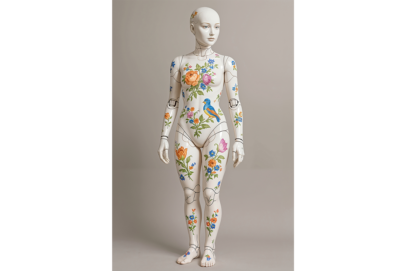 ai creation, a ball-jointed porcelain doll painted with vintage flowers and a small bird, ai art, art, kanvas tablo