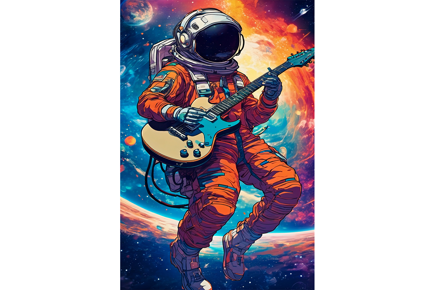ai creation, astronaut playing guitar in space model 1, orange theme, ai art, art, kanvas tablo