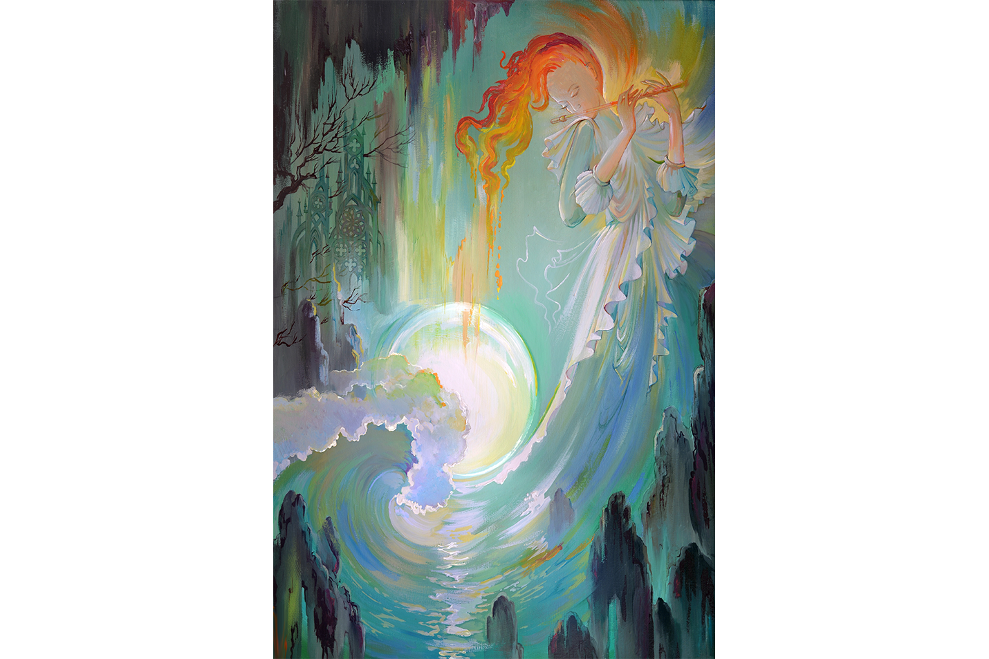 an ethereal woman with flame hair plays flute by a glowing, dripping moon, art, kanvas tablo