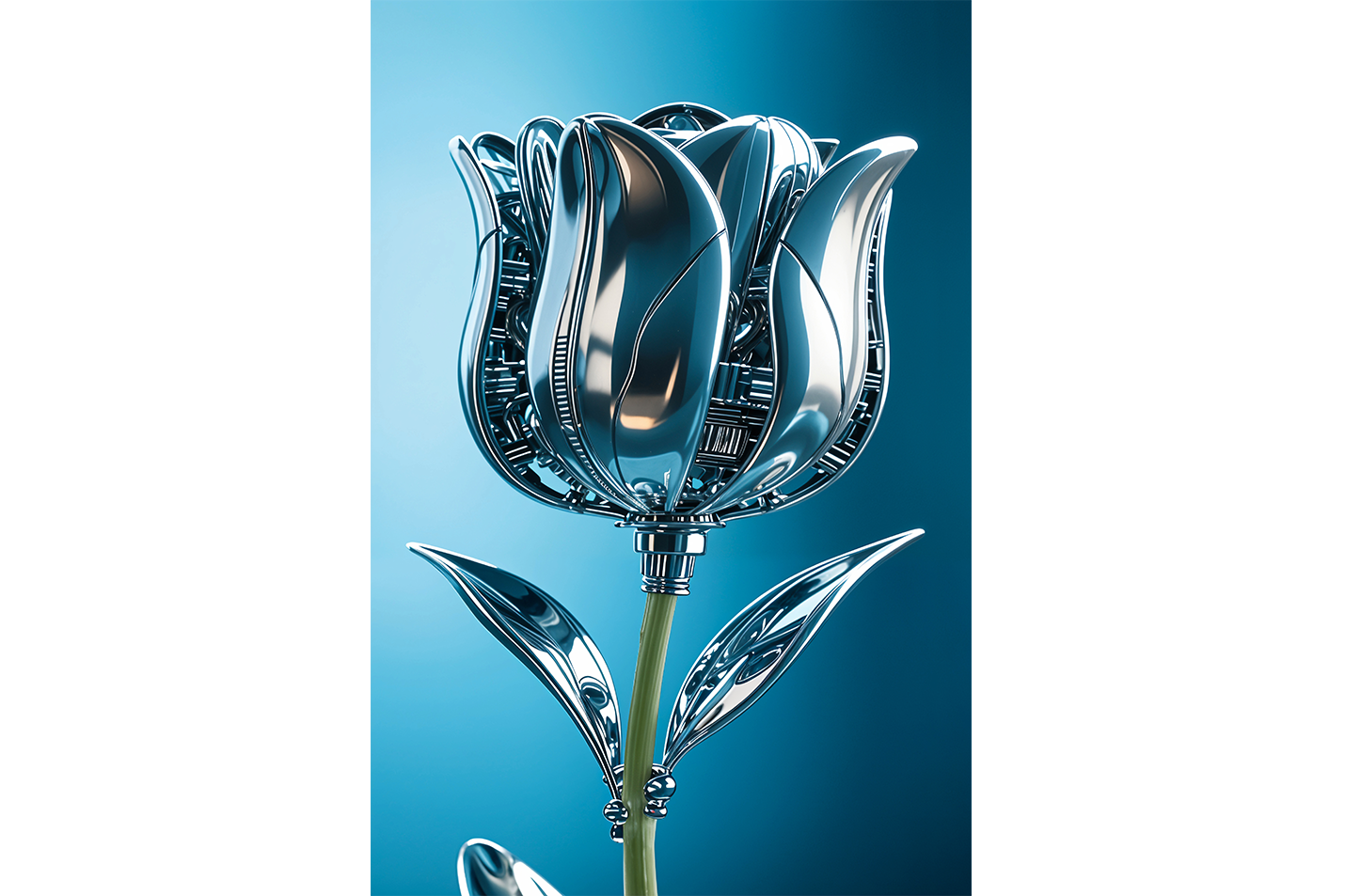 ai creation, the rose and its leaves are made of silver, in muted blue tones model 1, ai art, art, kanvas tablo