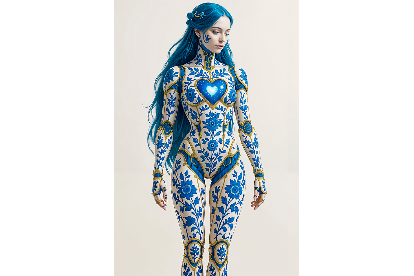 ai creation, an android with blue hair and a body of delftware porcelain and gold, ai art, art, kanvas tablo