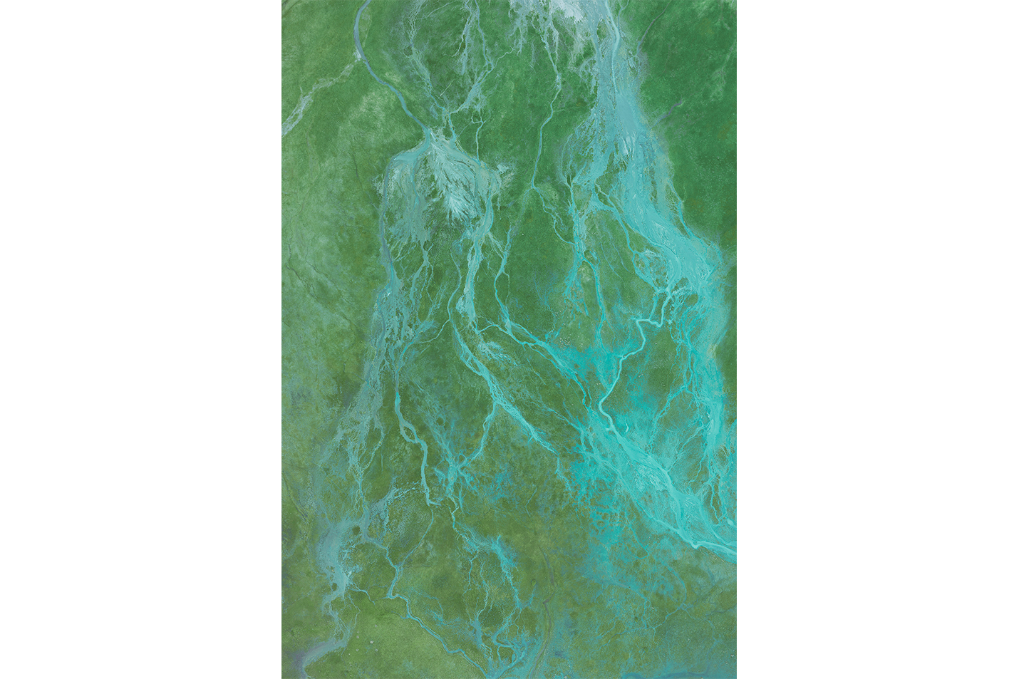 an aerial top-down view of a turquoise glacial river delta in a green landscape, abstract, art, kanvas tablo