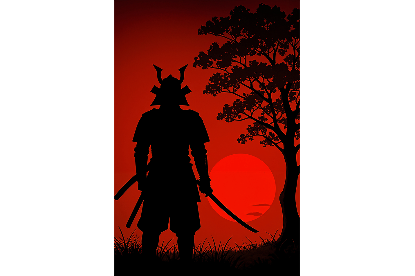 ai creation, samurai watching the sunset, sunset in red tones, ai art, art, kanvas tablo