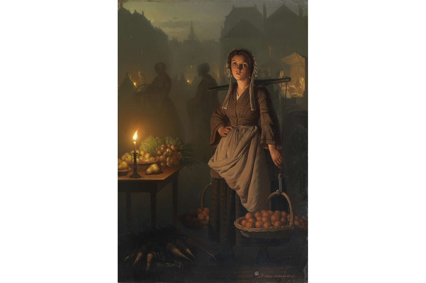 Petrus van Schendel Gece Pazarı Meyve Satıcısı Kanvas Tablo