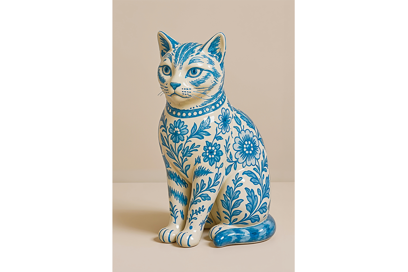 ai creation, porcelain coated cat, floral motif in soft blue tones, ai art, art, kanvas tablo