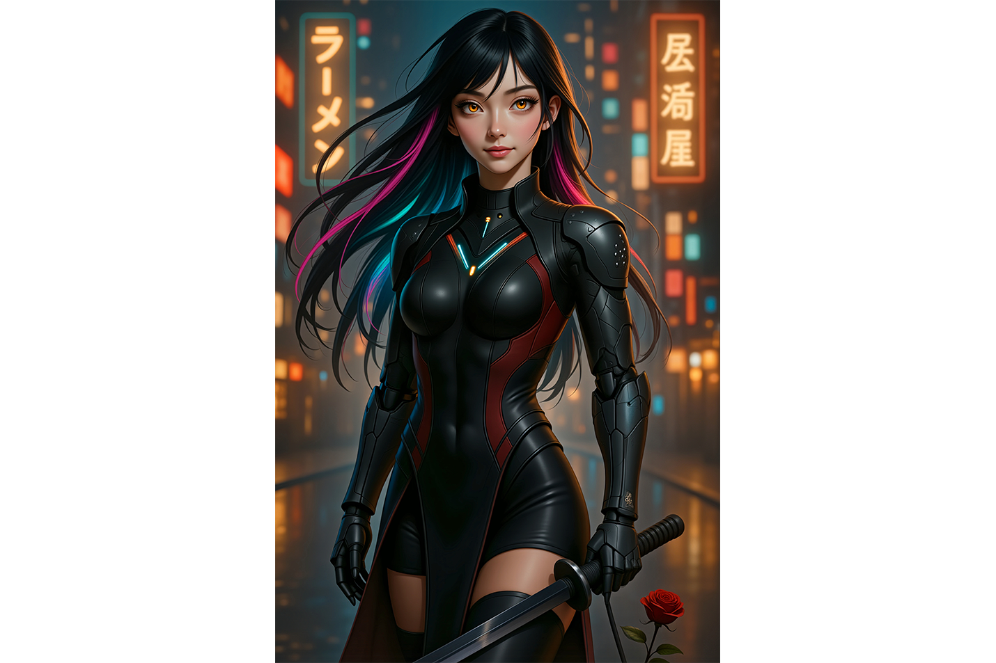 Neon Işıklı Fütüristik Şehirde Katanalı Cyberpunk Savaşçı Kadın Konsept Sanatı Kanvas Tablo