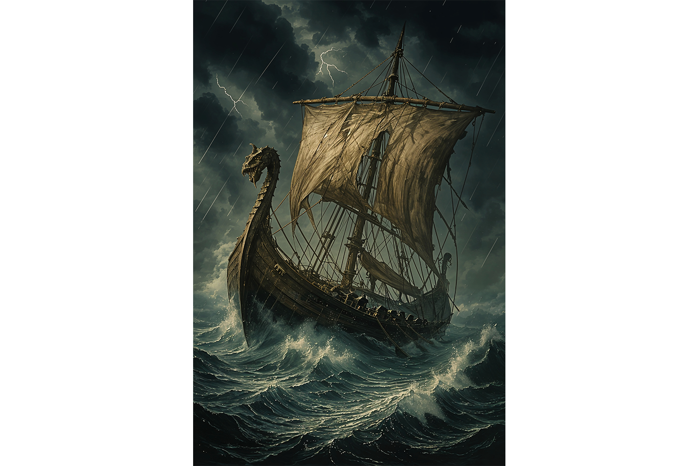ai creation, a ship caught between giant waves and storm, ai art, art, kanvas tablo