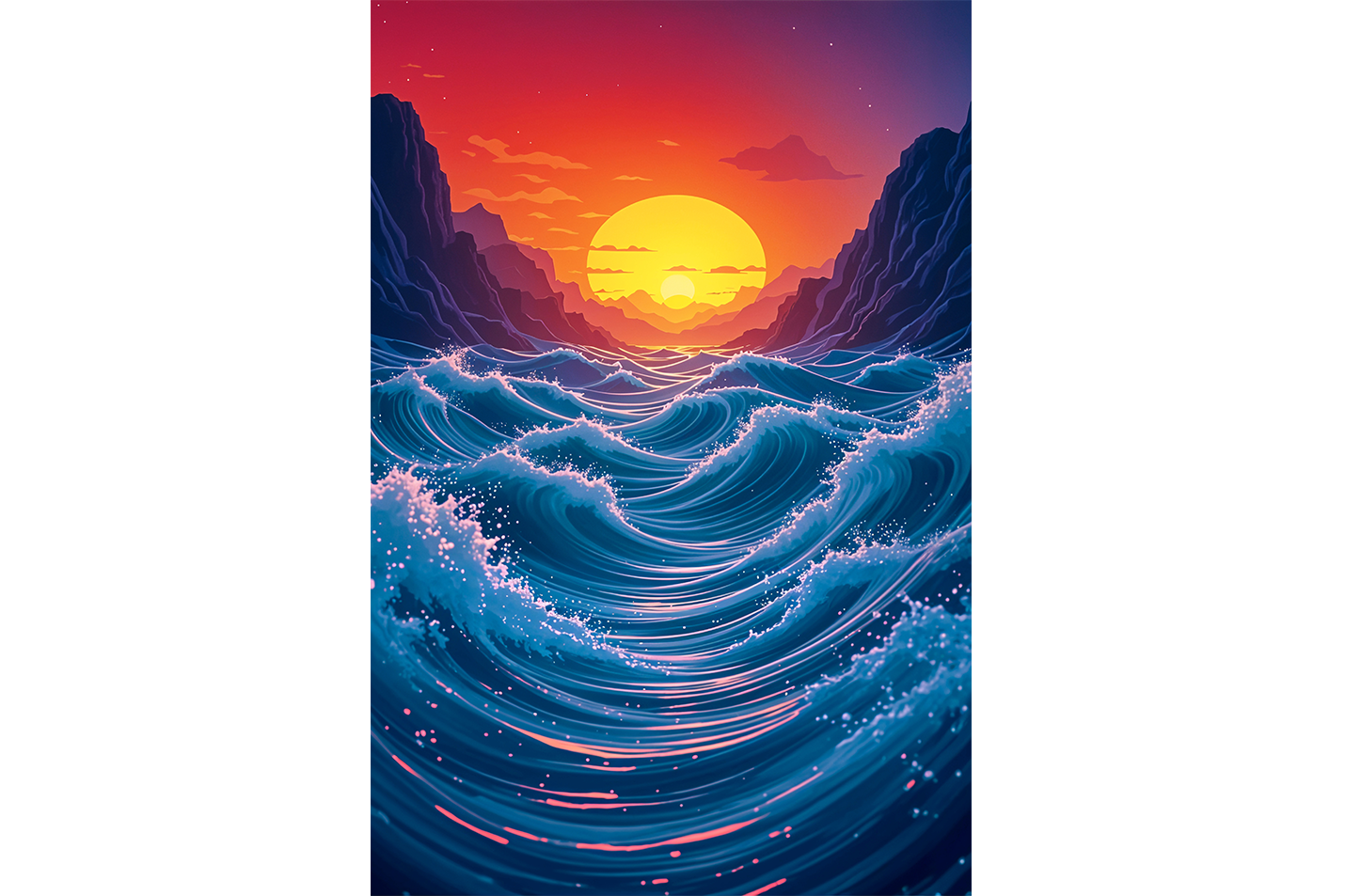 ai creation, as the sun sets among giant waves, ai art, art, kanvas tablo