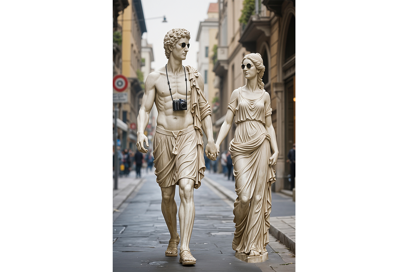 ai creation, ancient greek statues as modern tourists with sunglasses and a camera, ai art, art, kanvas tablo