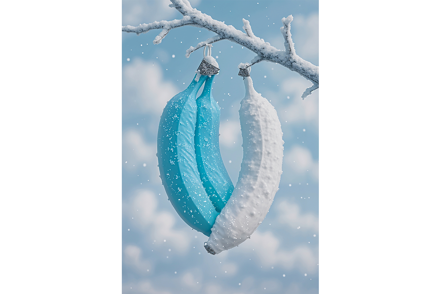 ai creation, white and blue banana hanging on a branch, winter themed, art, kanvas tablo