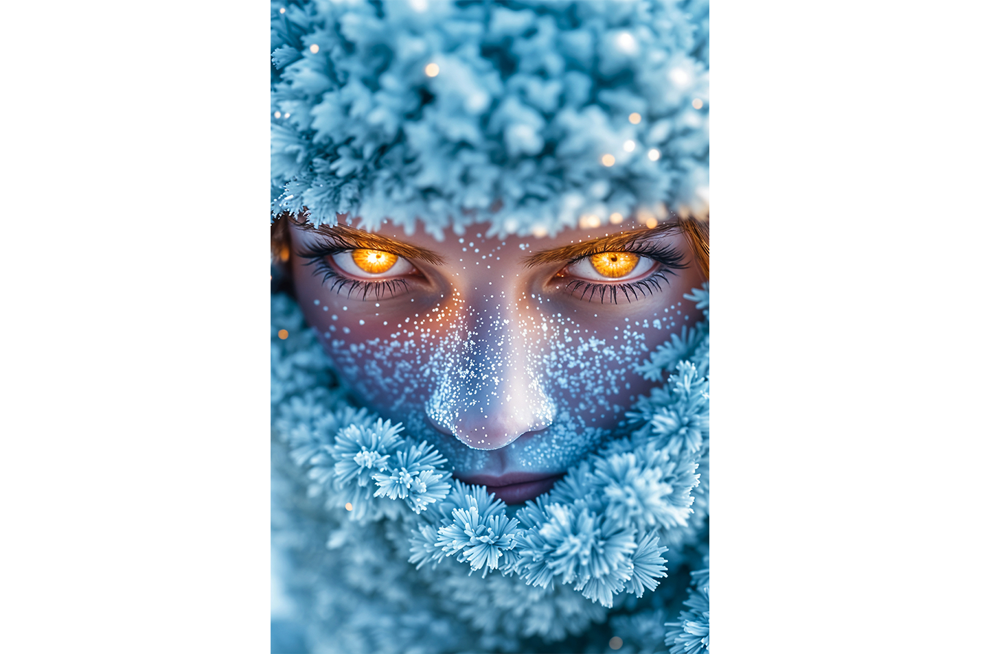 ai creation, a fantasy woman with fiery glowing eyes, her face covered in sparkling frost, ai art, art, kanvas tablo