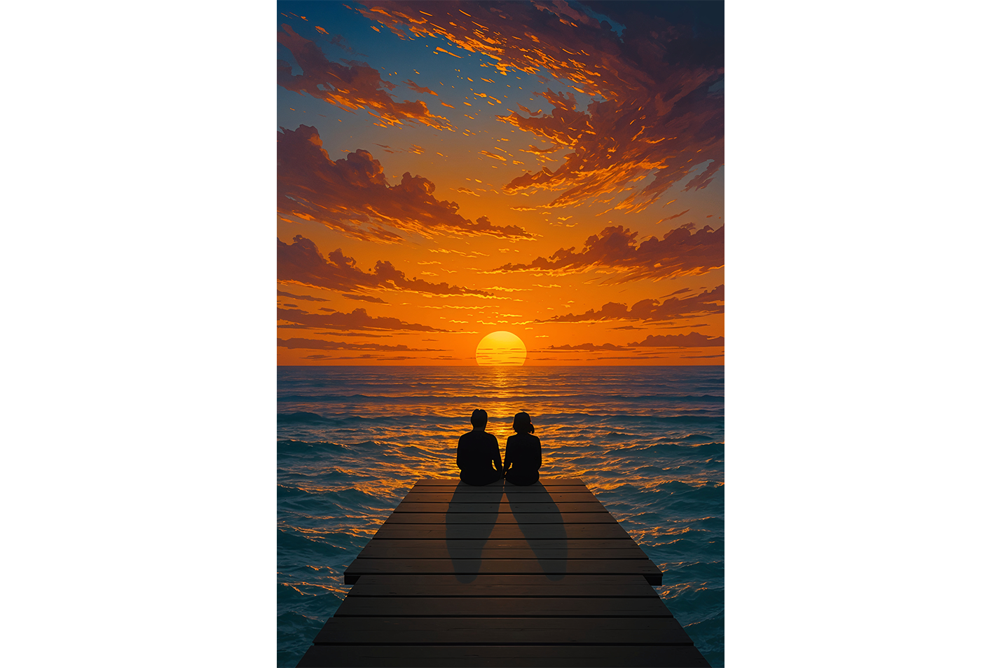 ai creation, lovers sitting on the pier watching the sunset, winter themed, art, kanvas tablo