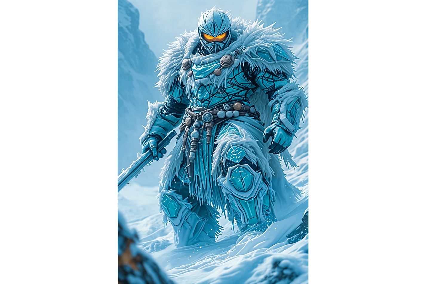 ai creation, a formidable ice warrior in cracked armor with glowing orange eyes, ai art, art, kanvas tablo