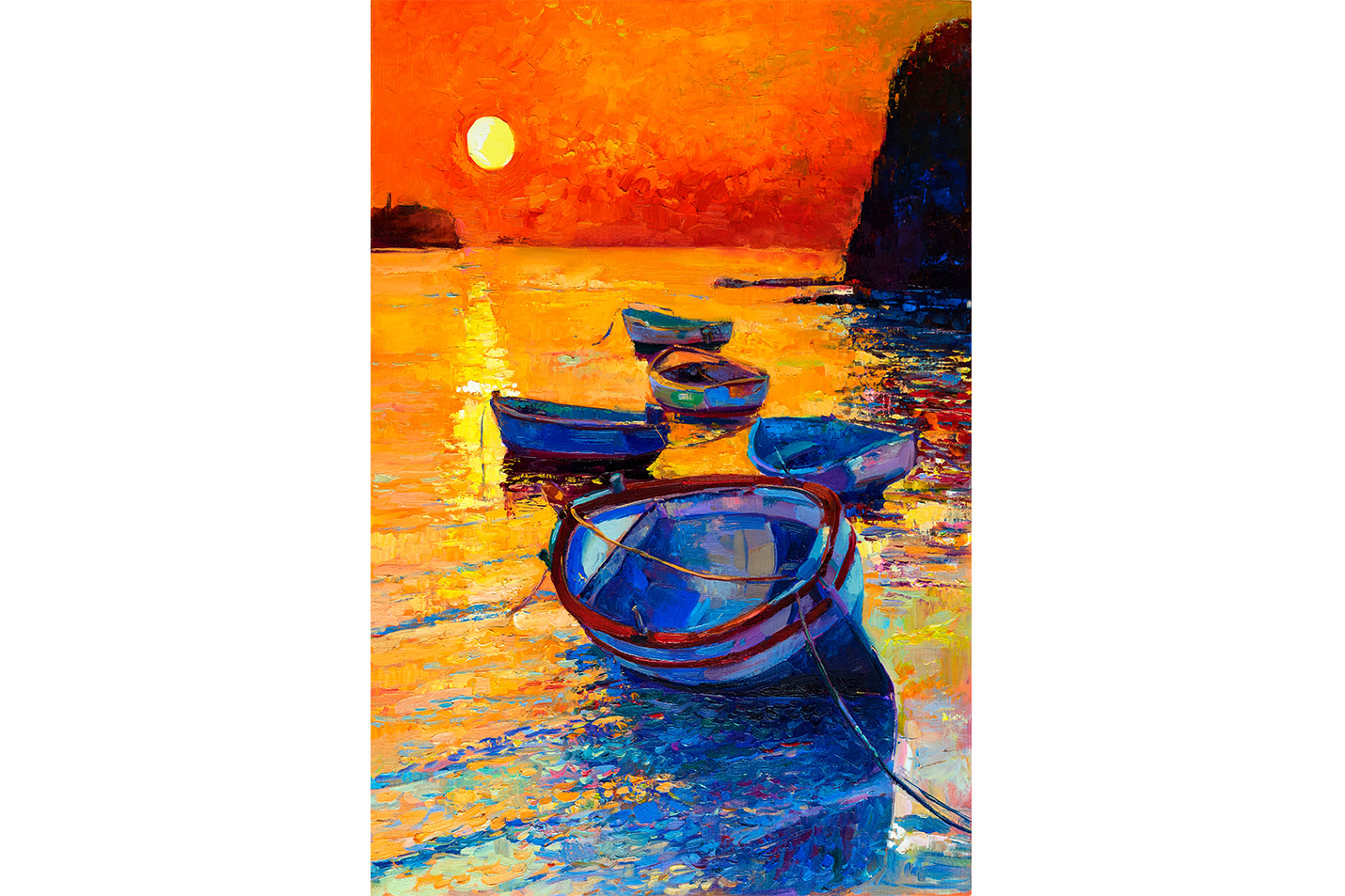 an impressionist oil painting of boats on the sea during a vibrant orange sunset, abstract, art, kanvas tablo