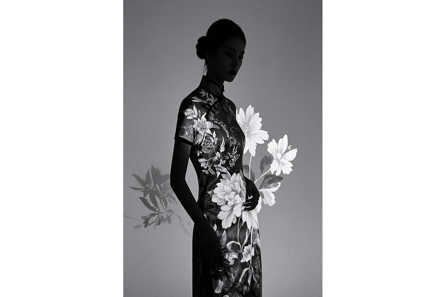 ai creation, asian flowers and asian women, grayscale, ai art, art, kanvas tablo