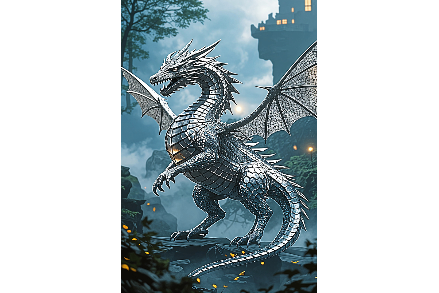 ai creation, silver plated dragon, dark themed, ai art, art, kanvas tablo