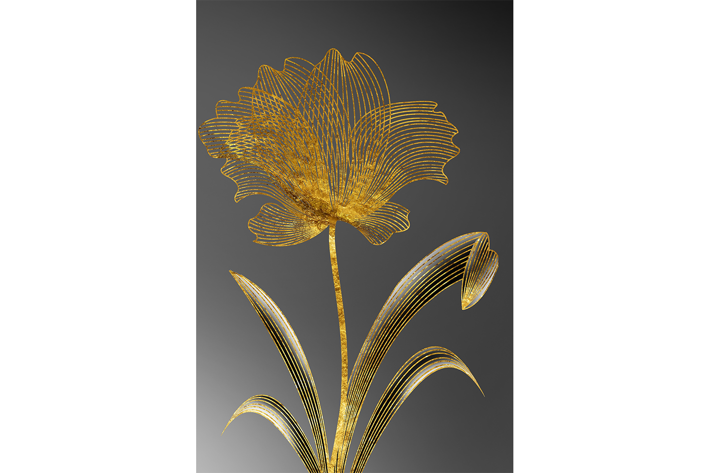 a minimalist golden wireframe flower on a grey gradient background, art, kanvas tablo
