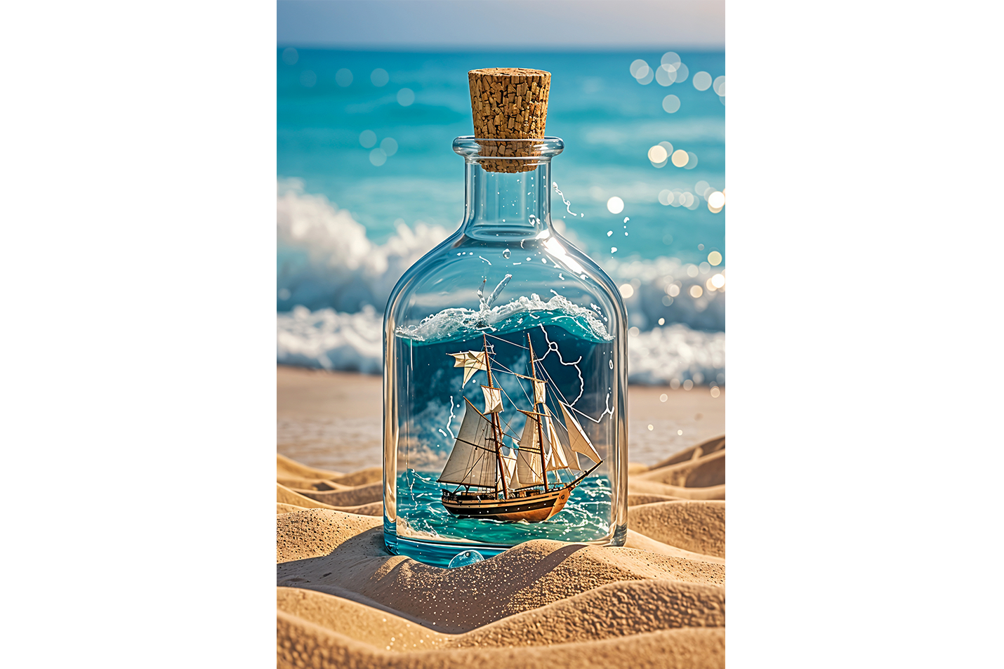 ai creation, a bottle washed up on the beach, a ship floating in the water inside the bottle, ai art, art, kanvas tablo