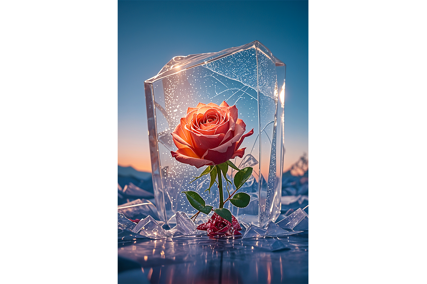 ai creation, red rose in crystal, frozen themed, ai art, art, kanvas tablo