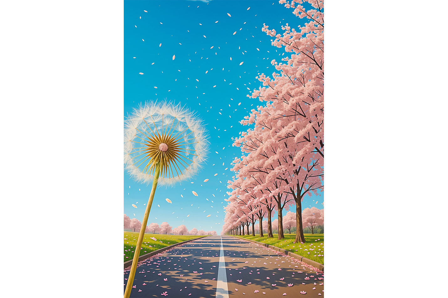 ai creation, a road decorated with soft pink trees with a dandelion, ai art, art, kanvas tablo