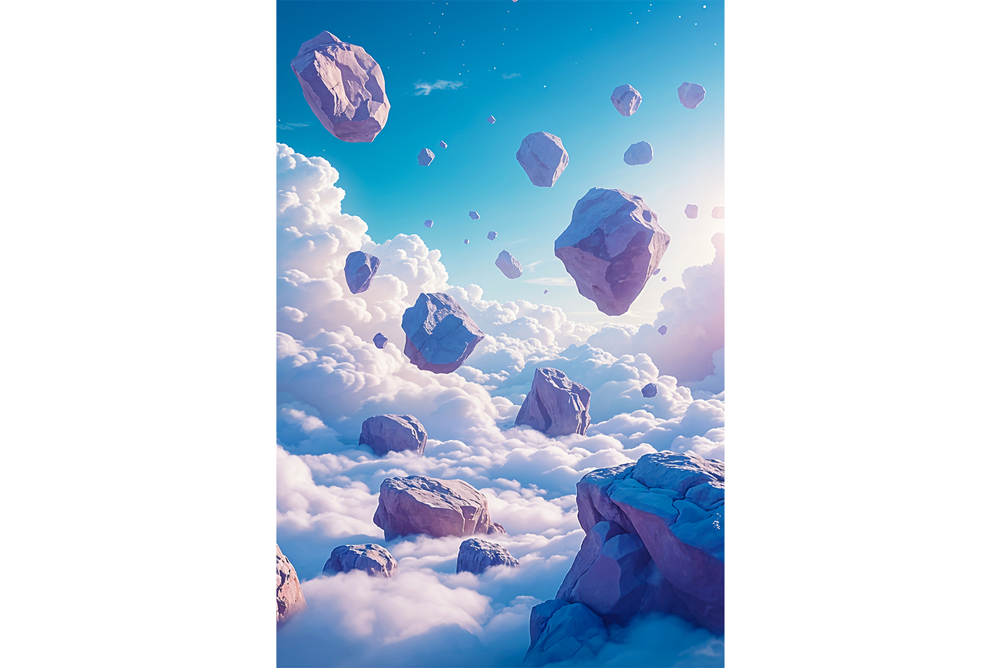 ai creation, large rock pieces flying above the clouds, ai art, art, kanvas tablo