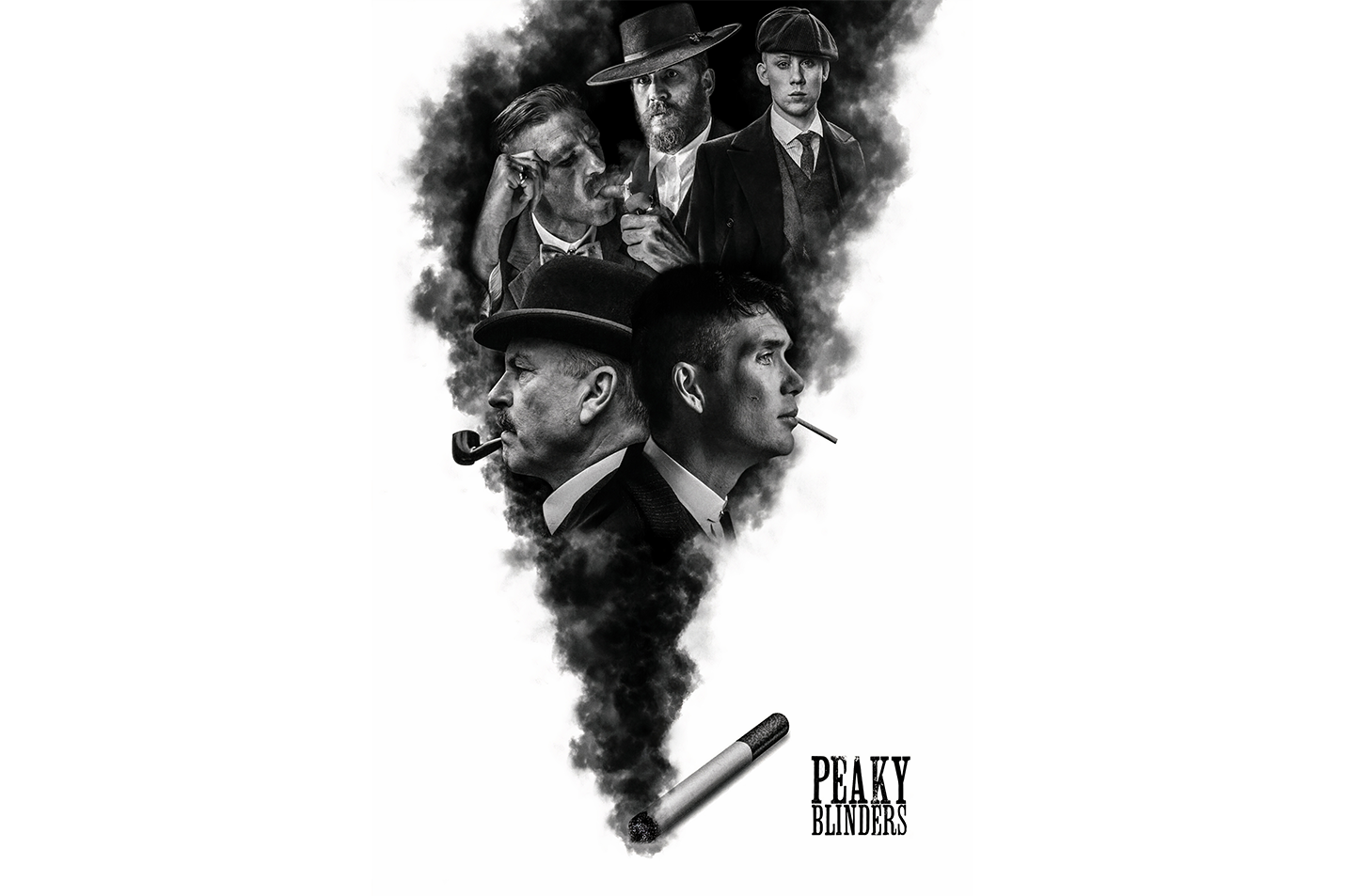 a montage of peaky blinders characters emerging from a plume of cigarette smoke, art, kanvas tablo
