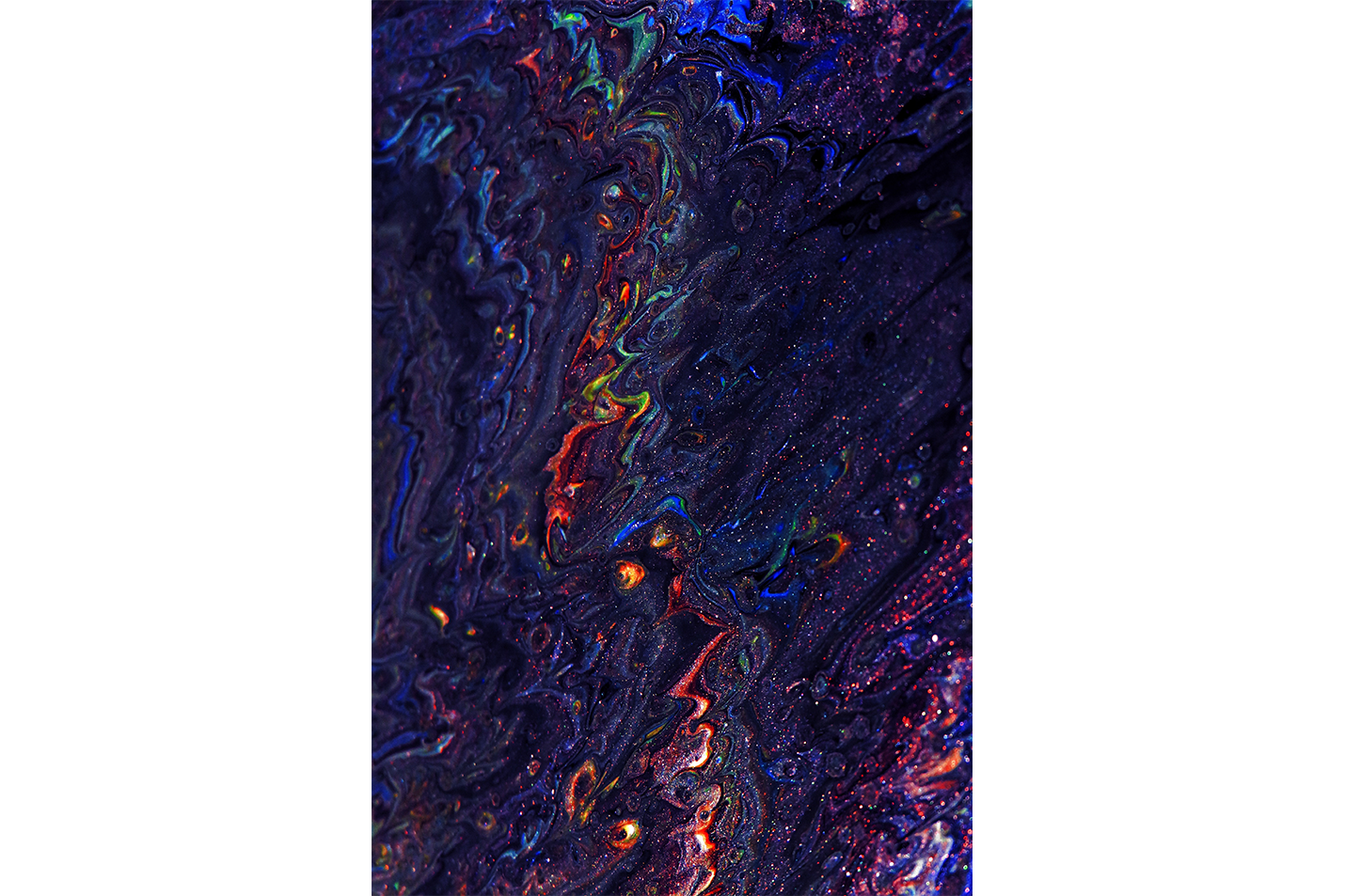 a dark, glittering abstract piece resembling a psychedelic journey through a colorful deep nebula, abstract, art, kanvas tablo
